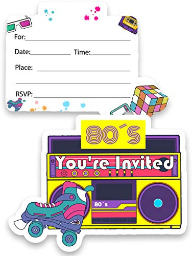 gaicaak Einladungskarten zum 80er-Geburtstag, 80er-Jahre-Design, Klebeband, zum Ausfüllen, Babyparty oder Geburtstagsparty, Einladungskarten mit Umschlägen, 20 Stück
