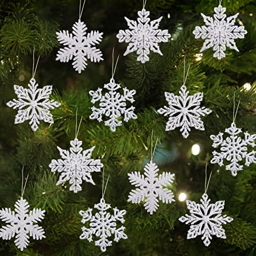 24 Stück Weihnachten Schneeflocken Deko, Weihnachtsfeier Dekoration, Schneeflocken-Weihnachtschmuck Glitzer mit Kunststoff-Pailletten, für Weihnachtsbaum Glitzer Weihnachtsbaumschmuck (Silber)