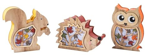 Weltbild LED-Stimmungsleuchten Herbst 3er-Set - Herbst Dekoration Motivleuchten aus Holz - Deko Figuren Eule, Igel, Eichhörnchen Beidseitig gestaltet Leuchten 13 bis 16 cm hoch