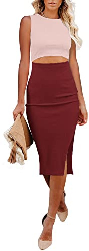 Uusollecy Women's Summer Dress, Slim fit, Elegant, Sleeveless, Round Neck, Knee Length, Solid Color, Tight, Stretch, Summer Dress with Slit