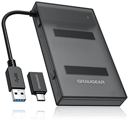 GRAUGEAR 2,5 Zoll Festplattengehäuse, 6Gbps, 2,5“ HDD SSD, USB 3.2 Gen1, JMS578 Chipsatz, SATA III, USB-C Adapter, werkzeuglos