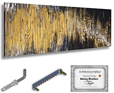 Monica Mirafiori I 100% HANDGEMALT I Gemälde Black, Gold & Silver I 120x40cm | Gemälde Handgemalt | Acrylgemälde | Sehr Großes Acrylbild I Moderne Kunst I Kunstbilder