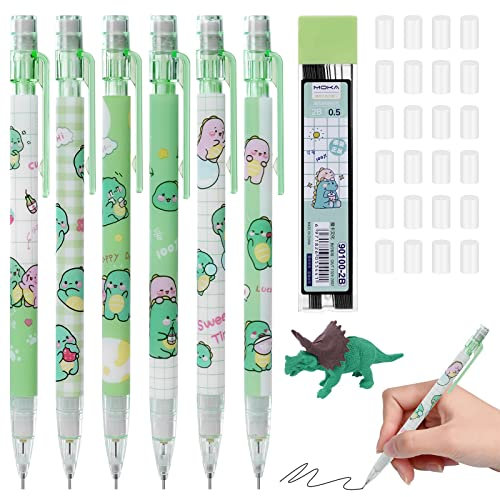 AUAUY Crayon Mécanique Set, 6PCS Dinosaure 0,5 mm Porte-Mines avec 1 Tubes De Recharge, 24 Pointes de Gomme de Rechange, 1 Gommes, Crayons Mécaniques pour L'écriture, Le Dessin, Les Croquis