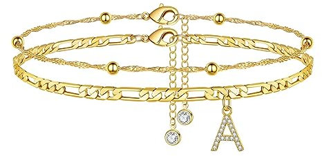 TINGN Fussketten für frauen, Gold Fußkettchen für Damen Fußkettchen mit Buchstaben A Doppelte Fußkette Verstellbar Geschenk für Sommer Tochter Freund Schwester Geschenk