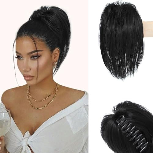 Colorfulpanda Pferdeschwanz mit Klammer Glatt Kurz Clip in Claw Haargummi Haarteil Ponytail Natürliches Kunsthaar Haar Haarverlängerunge Unordentlich Dutt schwarz für Damen Mädchen,26cm