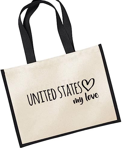Huuraa Jutetasche United States my love Shopper Einkaufstasche Black 21 Liter für alle Fans von den USA Geschenk Idee für Freunde und Familie