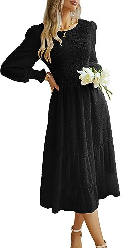 AILLOSA Women's Casual Long Sleeve Loose Solid Color Dress - Swing Dress for Women - Black
