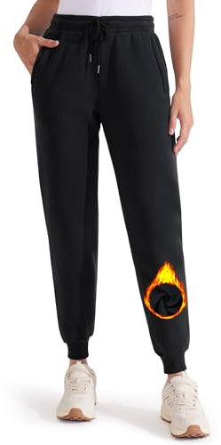 Libin Warme Jogginghose Damen Gefütterte Thermo Sporthose Winter Trainingshose Sweatpants Laufhose Yoga Hosen mit Reißverschluss Taschen Schwarz S