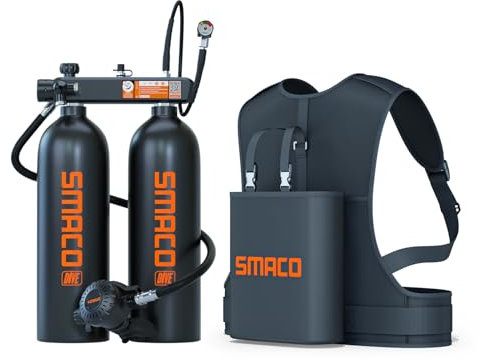 SMACO Mini Bouteille de Plongée 4 L (Assemblée par Deux Cylindres de 2L) pour la Plongée en Eau Peu Profonde Support de 30-45 Minutes de Respiration pour Le Divertissement de Plongée, Set-A, Noir