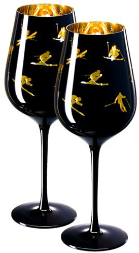 Weingläser mit Kristallstiel, für Apres, Ski, Skifahrer, Skifahrer, 60 ml, lebendiges Thema, Winter, Schnee, Sport, Ski und Snowboard, Milchglas, Schwarz und Gold, geätzt, ideal als Geschenk für Sie