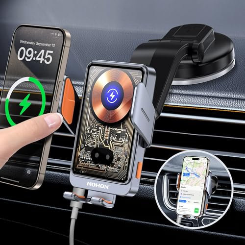NOHON Qi Cargador Inalambrico Coche:15W Soporte Movil Coche Cargador Sujeción Automático, Soporte Cargador Movil Coche Carga Rápida con Ventosa/Clip de Ventilación para iPhone/Samsung/Xiaomi/OPPO