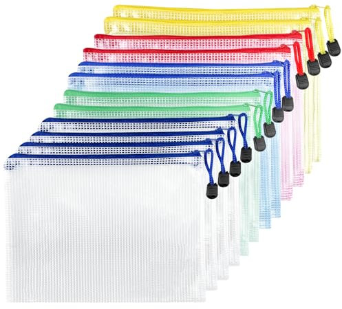 Fousenuk 12 Pcs Pochette Document Zippée A3, PVC Transparentes Document Dossier, Étanche Sac Plastique Zip, Pochette à Fermeture, Mesh Zipper Pouch pour Voyage, Fournitures, Bureau, 5 Couleurs