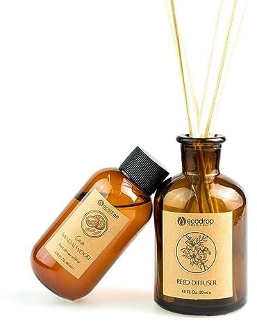 Ecodrop Coconut & Sandalwood Diffuser Set - 100ml | Strong Scented Aromatherapy Fragrance Oil, a Glass Bottle & 6 Wooden Reed Sticks Set | Home Decor for Living Room, Bathroom & Bedroom