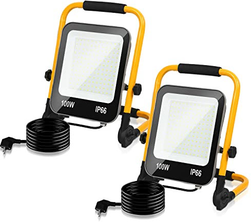 Fiqops 100W LED Baustrahler, 2x Arbeitsleuchte, 10000LM LED Fluter Floodlight mit 3M Kabel und Stecker, IP66 Bauscheinwerfer für Innen-und Außenbereich Baustellen Garage Werkstatt, Kaltweiß
