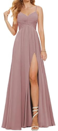 Robe de demoiselle d'honneur à bretelles spaghetti pour femme - Robe de soirée longue en mousseline de soie avec fente et col en V, vieux rose, 44