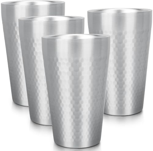 Beasea Vasos de acero inoxidable de 15 onzas, paquete de 4 vasos grandes apilables de acero inoxidable a granel con aislamiento de doble pared, vasos de pinta de metal para beber en casa, restaurante,