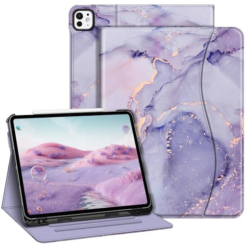 Fintie Folio-Hülle für iPad Pro 33 cm (M4) 2024, multifunktionale Standhülle mit verschiedenen Betrachtungswinkeln, Stifthalter und Fach, Auto-Sleep/Wake-Funktion, Lila Marmor