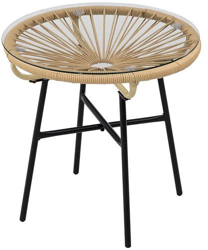Outsunny Table Basse Ronde de Jardin en résine Aspect rotin métal et Plateau Verre trempé Ø 50 x 50 cm Beige