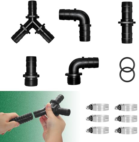 LONGRUNNEW Raccords De Tuyau D'étang Adaptateur, Tuyau D'arrosage à Connexion Rapide Mâle 1,2 Npt X 1 Raccord Cannelé avec 6 Pinces - Ensemble De 11 Pièces pour Déversoir De Piscine, Cascade