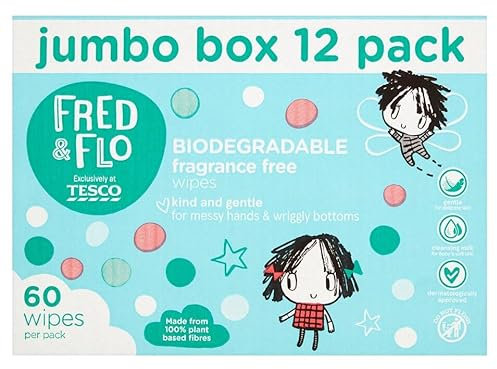 Frederick & Frederic's Baby Wipes, Jumbo Size, Fragrance Free, 60 Wipes per Pack, Plant-Based Fibers, 12 Box Bundle