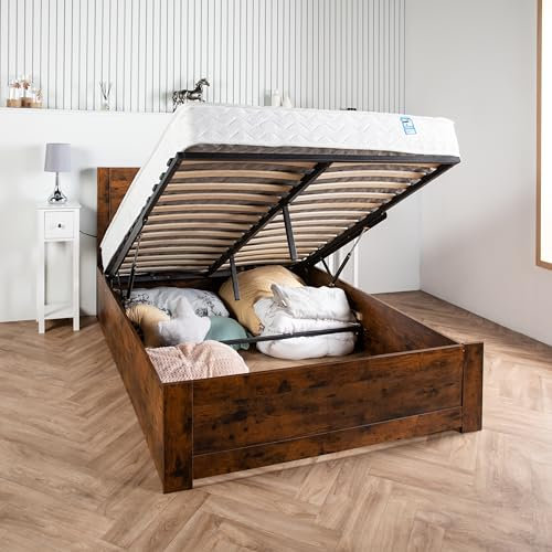 Home Treats Wooden Ottoman Bed Frame Oak | King Size Bed with Storage 5ft King Size | Lift Up Under Bed Storage (No Mattress, King Size)