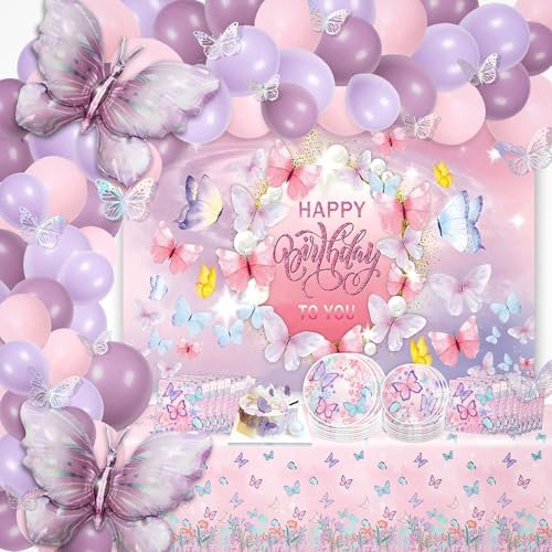 Ballon Papillo n Decoration Anniversair e, Kit Décoration Ballon Papillon Anniversair Violet, Anniversaire Papillons Theme Fond Nappe,Ballon Arche Papillon,Vaisselle Anniversaire Papillon pour Filles