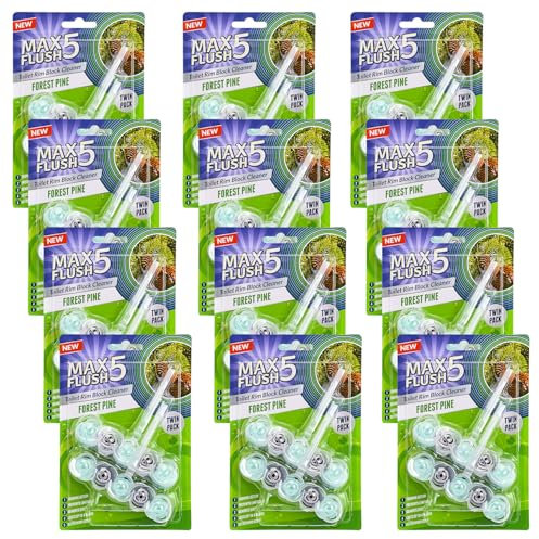 12 Pack Max Flush 5 Forest Pine Toilet Rim Block Cleaner (Twin Pack), Clear Water Toilet Rim Block with Anti-Limescale, Cleaning Foam, Dirt Protection and Extra Freshness
