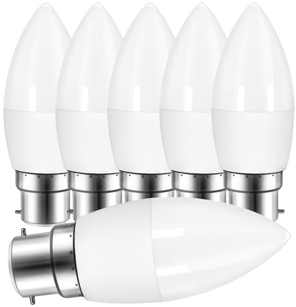 Ddlisu B22 Bayonet 5W (40W Equivalent) LED Candle Light Bulbs, 2700K Warm White Energy Saving, 450LM Type B Candle Bulbs Small Bayonet for Ceiling Fan, Non-Dimmable, 6PCS