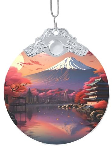 Colgante redondo de cristal con hebilla de metal con diseño de paisaje Fuji de Japón para árbol de Navidad 2024, decoración de Navidad