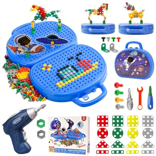 Montessori Werkzeugkoffer, 223 Stück Magische Montessori Spielzeugkiste Mit Bohrmaschine Montessori Spielzeug ab 3 Jahre, 3D Puzzle Mosaik Toy Creativity Tool Box with Drill für Kinder von 3-12 Jahren