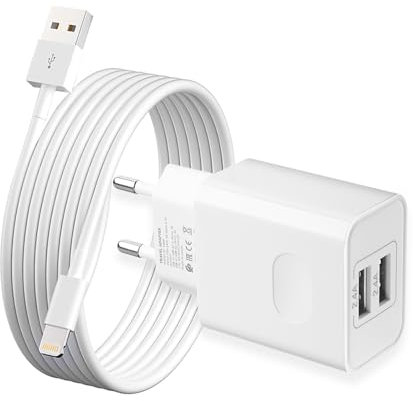 Caricatore iPhone,【Certificato MFi Apple】12W 2Port USB Caricabatterie con Cavo Compatibile con iPhone 14 13 12 11 Pro Max Plus Mini XS XR X SE 8 7 6S Pad Carica Batteria, Presa USB Alimentatore