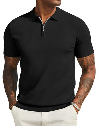 COOFANDY Polo Hombre Manga Corta Verano Monocolor Polo Camiseta Punto Cremallera Polo Golf Camisas Negro L