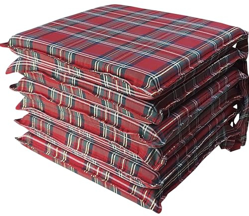 HABITA 33 HOME 6er Set Stuhlkissen 40x40x5 cm – Abnehmbare Sitzkissen mit Bändern – Waschbare Kissenbezüge mit 100% Baumwolle – Weiche Sitzauflagen für Küche & Esszimmer (6, Tartan)
