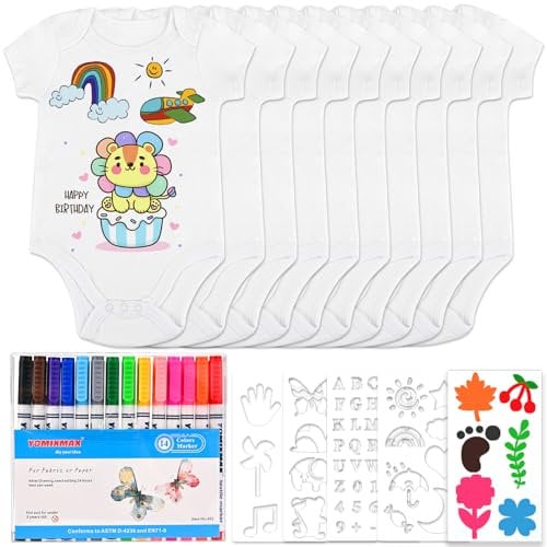 Tigvio 10 Stück Bodys zum Bemalen für Babyparty, Weiß Babybody zum Bemalen für Babyparty Spiele, Lätzchen zum Bemalen Set mit Baby Body Kurzarm(38*21cm)+14 Textilstift+5 Schablonen für Gender Reveal