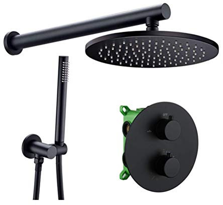 YHEIANJ Duschsystem Mit Mattschwarzem Finish, Rundes Design, Thermostatischer Umsteller, Duscharmaturen Aus Messing, Wandmontage, Duscharmatur, Luxus-Duschset, 12 Zoll