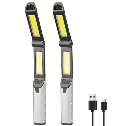 Lancoon Lot de 2 lampes d'inspection avec lampe de poche LED, base magnétique, 4 modes d'éclairage, 3 types de mèches, port de charge, pliable, rechargeable pour garage, camping