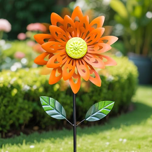 Windrad Garten Blume, 116cm Gartendeko Blumen Windmühle aus Metall, Vogelabwehr Windrad, Windspiele für Draußen Stehend, Blume Windräder Kinder Gartenstecker für Balkon, Terrasse, Garten (Orange)