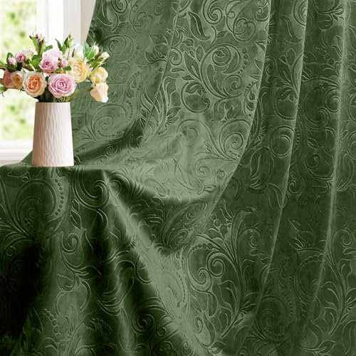 BTTO 2er Set Samtvorhang Kräuselband, Luxus Samt Verdunklungsvorhänge mit Blumenprägung Muster, Blickdicht Gardinen für Schienen, Vielseitig für Wohnzimmer, Schlafzimmer(H244xB132CM, Olivgrün)