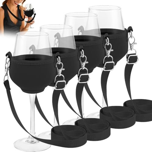 4PCS Hanging Glass Holder with Lanyard, Portable Wine Glass Holder for Wine Lovers, Adjustable Wine Glass Lanyards for Christmas, Weddings, Parties (Black)