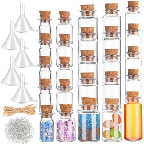 Bokon 25 Packs Mini Plastic Bottles with Corks Eye Screws Funnels | Small Potion Bottles Making Kit, Tiny Clear Sand Art Jar, Wishing Vial for Birthday Halloween Party DIY Crafts Gift