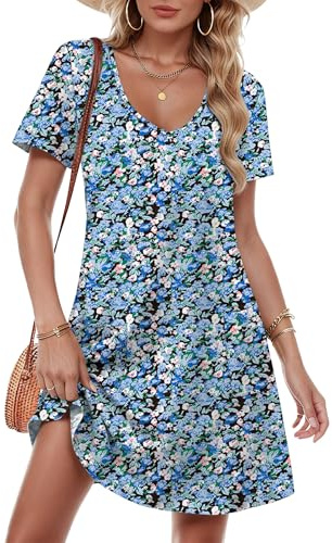 MOLERANI Women's Summer Dress Short Sleeve Midi Dress V Neck Beach Dress with Pockets Flower Sea Blue L