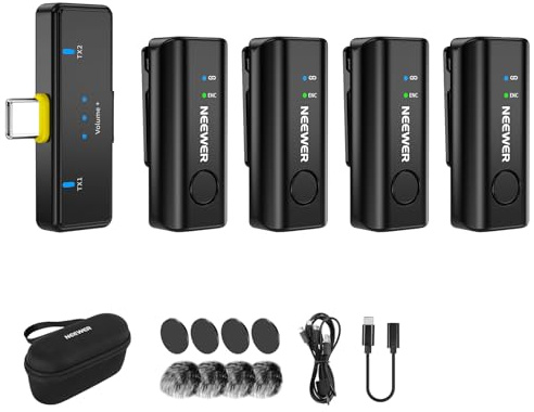 NEEWER KM23C AI Wireless Lavalier Microphone Compatible with iPhone Android Tablet PC Laptop, Omnidirectional 48K/24Bit 20-20KHZ AI Noise Cancellation Mute 70m Range 32h Total Battery (1x RX + 4X TX)