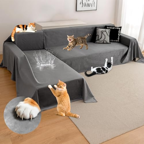 Loiion L-Form Sofaschutz Katze, Ecksofa-Überwurf Kratzschutz, Dunkelgrau | Wasserdichter Sofabezug 2-teilig für Haustiere, Weicher Rutschfester L-Sofa und Ecksofa Schutz, 180x280+180x300cm