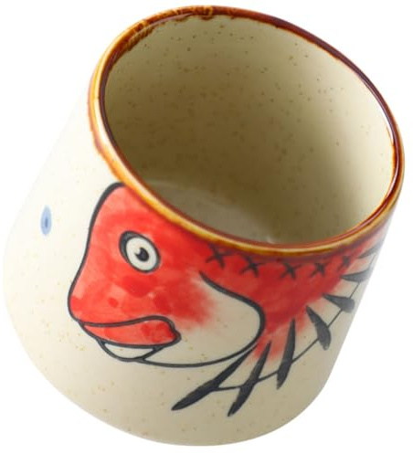 WEKADRIN Tasse à Thé en Porcelaine Japonaise Peinte la Main, Tasse à Saké Céramique sans Anse, Design Animé Poisson Rouge, Grosse Capacité, Restaurant de Sushis et Usage Quotidien