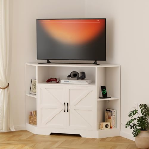 Mueble De TV De Esquina para Televisores De hasta 55 Pulgadas, Consola Multimedia Estilo Granero con Estantes Abiertos, Gabinete De Almacenamiento para Sala De Estar y Dormitorio, Color Blanco