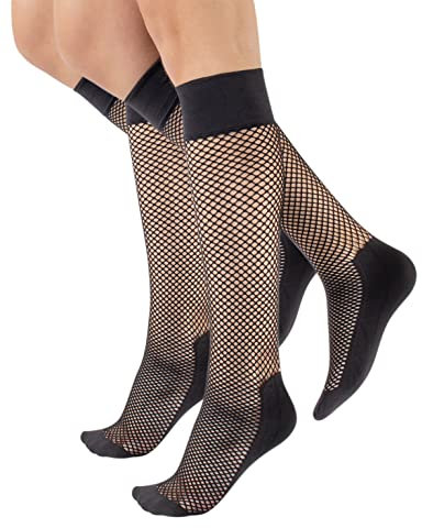 CALZITALY 2 Paar Knie Netzstrümpfe Kleines Lochmuster | Schwarz, Beige | Made in Italy (Einheitsgröße, Schwarz)