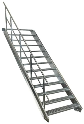 Srm-Design 13 Stufen Stahltreppe mit einseitigem Geländer/Breite 110cm, Höhe 195-260cm / Robuste Außentreppe/Wangentreppe/Stabile Industrietreppe für den Außenbereich/Inklusive Zubehör