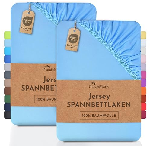 NatureMark 2er Pack Jersey Spannbettlaken, Spannbetttuch 100% Baumwolle in vielen Größen und Farben MARKENQUALITÄT ÖKOTEX Standard 100 | 90 x 200 cm - 100 x 200 cm - hell blau