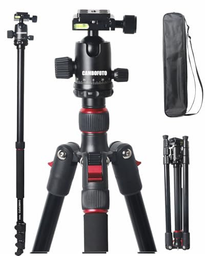 CAMBOFOTO Professionelles tragbares Stativ 169 cm/Einbeinstativ 173 cm, 4 Abschnitte mit 3/8 austauschbarem 360-Grad-Kugelkopf, Aluminiumstativ mit 1/4 Schnellwechselplatte für DSLR