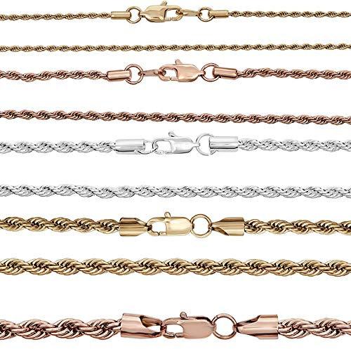 HarlemBling Rope Chain - Yellow Gold Rose Gold & Silver Finish Over Real Solid Stainless Steel - 2mm 3mm 4mm 5mm 6mm - 18-30 Necklace - Never Changes Color, 18.00, Gold Plated Stainless Steel